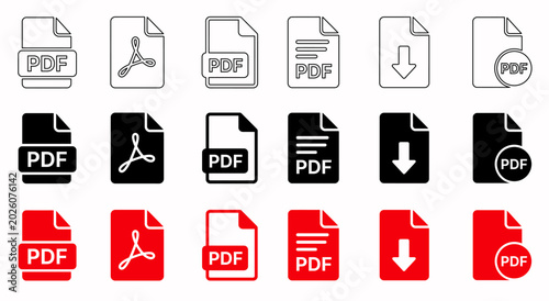 Fotografie Collection of various pdf file icons in different styles and colors on a white b