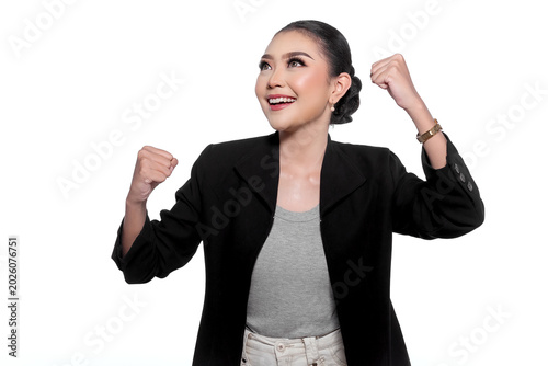 Motivated Business Woman Celebrating Victory With Silent Cheer Pose