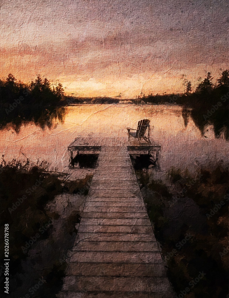 Obraz premium Peaceful Lake Sunset Painting, Wooden Dock Landscape Artwork, Serene Nature Reflection Scene with Rustic Pier, Forest Silhouette and Textured Oil Canvas Background