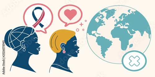 Bild auf Leinwand Global health support and awareness for people around world with heart and ribbon symbols