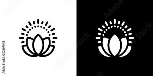 Tableau sur toile Spiritual Wellness Lotus Sun Icon concept with flat Black White Background