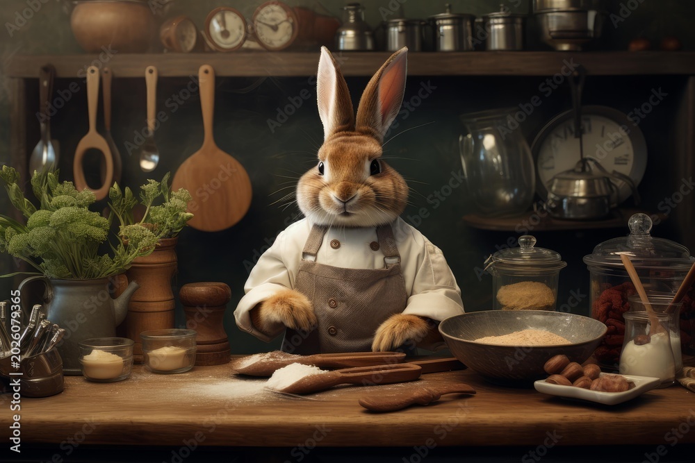 Fototapeta premium Whimsical rabbit chef preparing ingredients like flour and nuts for baking in a farmhouse kitchen
