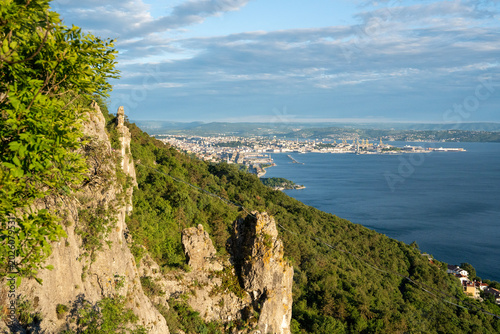 Aerial View Of Trieste City Harbour From Napoleonica Hiking Trail - Famous Climbing Bouldering Area, Gulf Of Trieste Adriatic Italy, Panoramic Karst Hillside Overlook