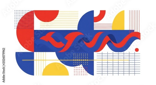 Abstract Geometric Composition with Red Blue Yellow Shapes and Lines.