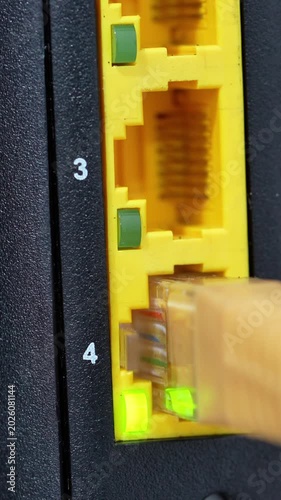 Cable Modem Ethernet LAN Port RJ45 Cable Connected Green LED Light Blinking