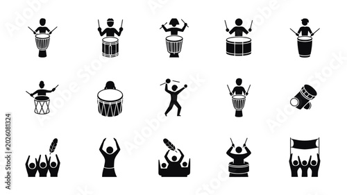 Bild auf Leinwand Set of 15 Black and White Drummer and Drum Icons Vector