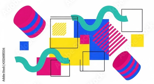 Abstract Geometric Shapes and Wavy Lines Composition.