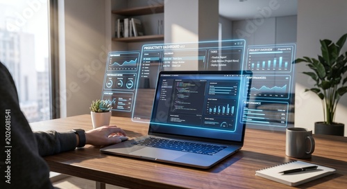 Professional Working on Laptop with Floating Holographic Productivity Dashboard and Performance Analytics in Modern Office