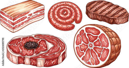 Tableau sur toile Vintage hand drawn sketch vector illustration set featuring smoked pork ham roas