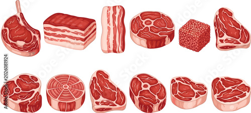 Картината върху платно Realistic vector illustration collection of fresh raw butchery meat products fea