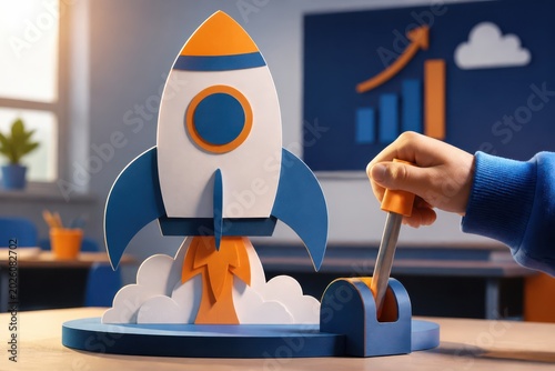 Child launching a paper rocket model at home with playful creativity and hopeful dreamer mood