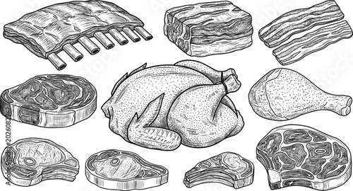 Tableau sur toile Vintage butcher shop sketch collection featuring hand drawn vector engravings of