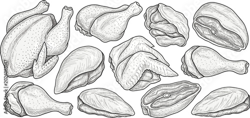 Foto Vintage hand drawn monochrome line art sketch vector illustration set of raw chi