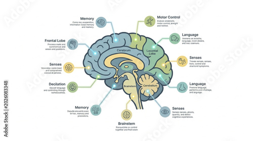 Quadro su tela Human Brain Anatomy Diagram Showing Different Lobes and Functions