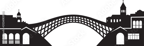 Silhouette of arched bridge and buildings with churches, minimal graphic design and architecture city view, and travel destination and concept