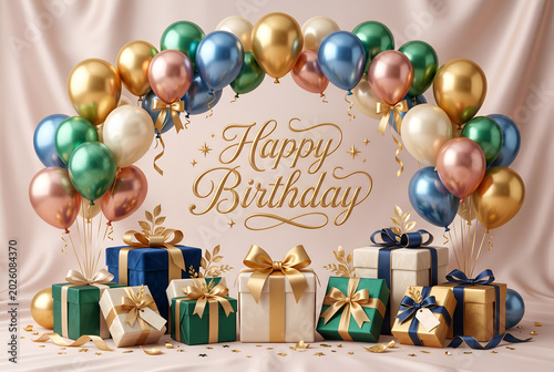 Birthday party setup, balloon arch, gifts, festive background, joyful celebration, colorful decor.