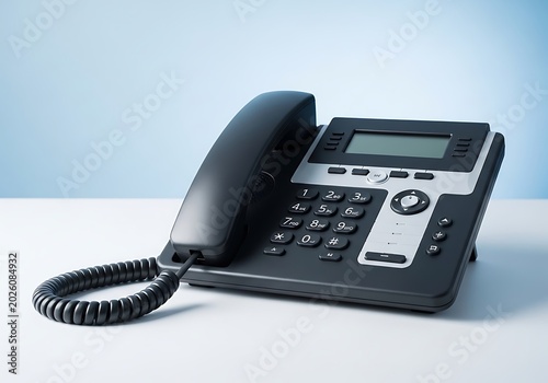 Black office phone with cord on white table against blue background