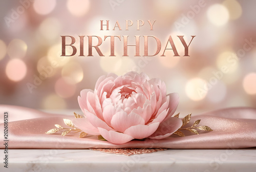 Happy birthday message elegantly presented with a pink peony on marble and silk.