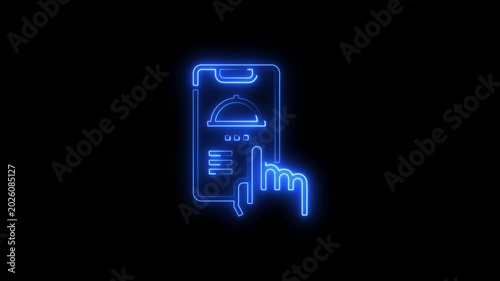 Neon blue smartphone with food delivery on screen and hand clicking mobile