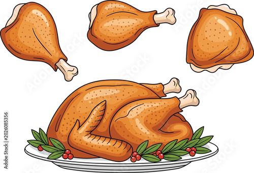 Foto Whole roasted turkey on plate with green leaves and separate fried chicken drums