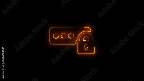 Neon password login security padlock with glowing orange outline on black background