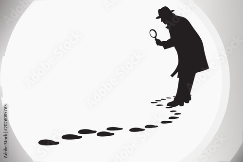 detective with magnifying glass examining footprints black silhouette on white