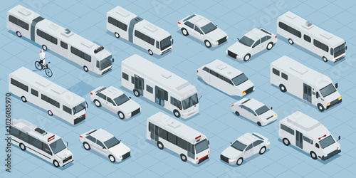 Tableau sur toile isometric fleet of white buses and vehicles on blue grid background