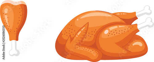 Foto Roasted whole turkey and crispy chicken drumstick vector illustration set isolated on transparent background for Thanksgiving dinner menu graphic design elements