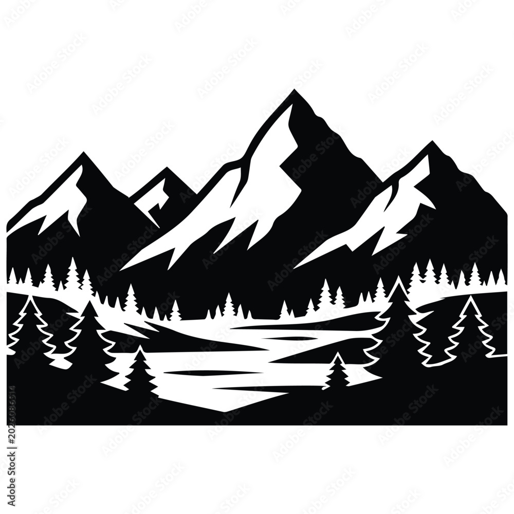 Fototapeta premium Landscape silhouette illustration of a forest with a river and mountains vector design.