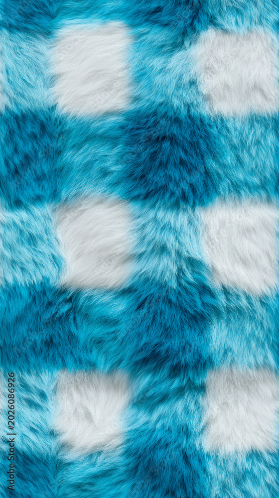 Fototapeta premium A close-up view of a blue and white checkered pattern made of faux fur, offering a soft and fuzzy texture