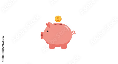 Pink piggy bank with a gold coin falling into the slot.
