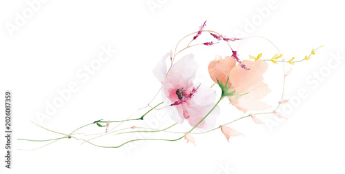 Watercolor floral bouquet arrangement. Pink blush and orange poppy, peony flowers, purple spikelet branches, peach leaves. Hand drawn style illustration. Artistic template design.
