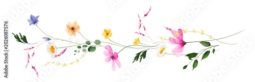 Watercolor floral border bouquet. Pink chamomiles, yellow, orange, peach. blue flowers, green eucalyptus branches, leaves, blush twigs. Hand drawn style illustration. Artistic template design.