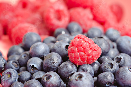Fresh raspberry on top of blueberries pile close up, mix of summer berries background