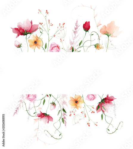 Watercolor floral rectangular border frame. Growing pink and orange, poppy, peony, rose flowers, blush fern branches, peach leaves. Hand drawn style illustration. Artistic template design.