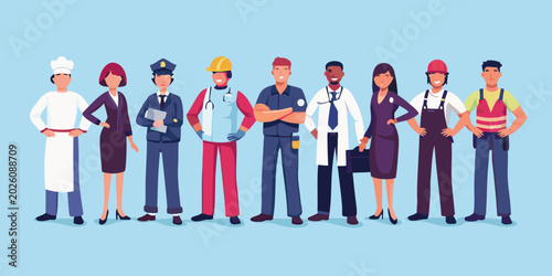 Photos diverse professionals lineup illustration various occupations and uniforms