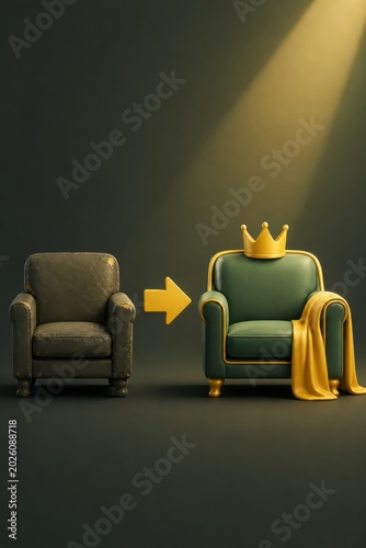 From humble seat to royal comfort with a spotlighted transformation concept of ambition and success