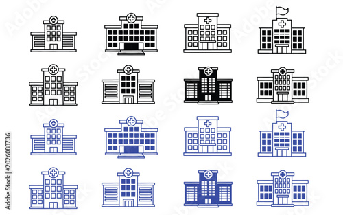 Building icons set, architecture symbols for city, government, and real estate, various styles