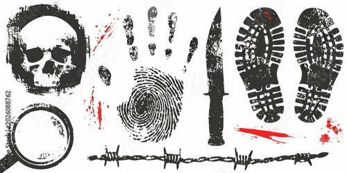Fotografía forensic evidence collection with skull fingerprints and knife on white