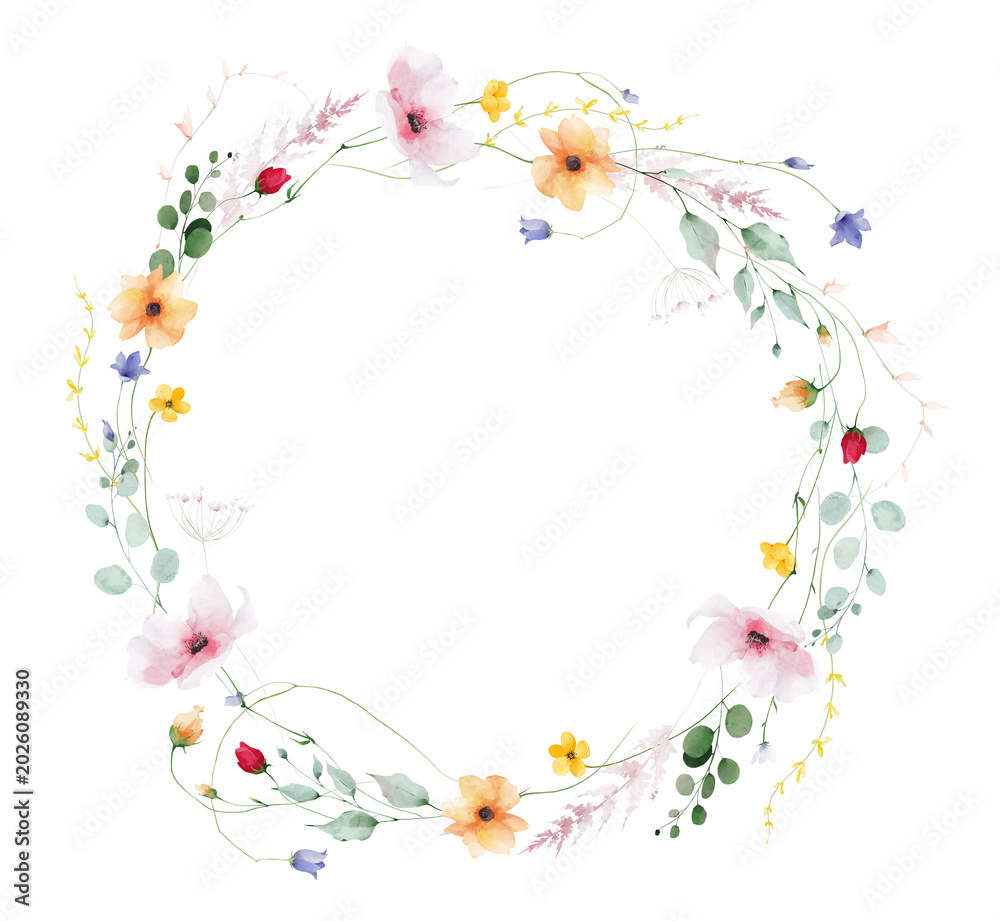 Obraz premium Watercolor floral wreath border frame. Pink chamomiles, yellow, orange, peach poppy, flowers. green, turquoise branches. Hand drawn style illustration. Artistic template design.