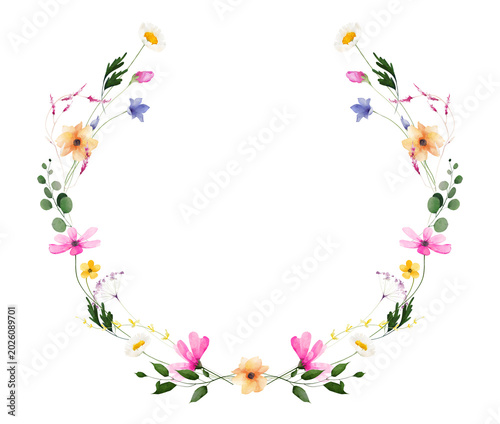 Watercolor floral symmetrical wreath frame. Pink chamomiles, yellow, orange, peach. flowers, green, blue eucalyptus branches. Hand drawn style illustration. Artistic template design.