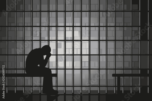 Billede på lærred prisoner silhouette in cell black and white illustration