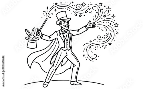 Magician with magic wand and hat performing tricks, vector illustration