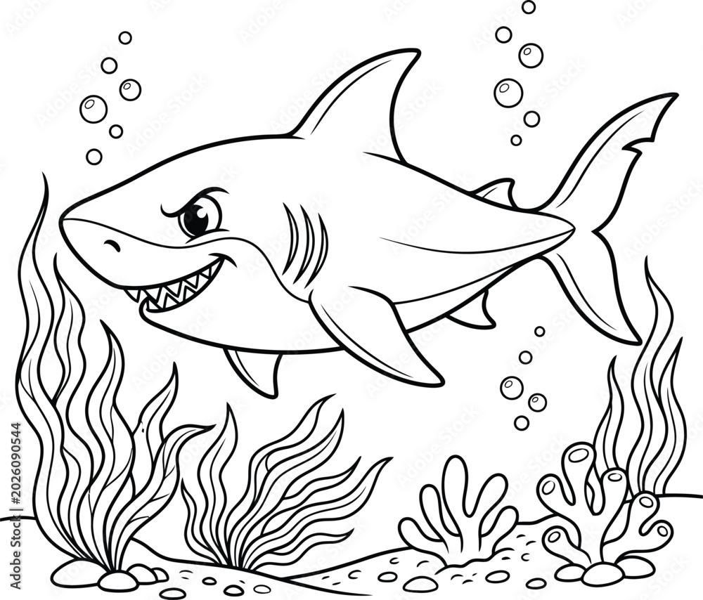 Obraz premium Black and white of a shark swimming with bubbles in underwater scene ocean sea life