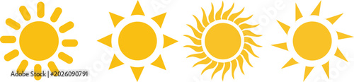 Valokuva Four distinct sun icon designs with varied ray styles on a white background isol