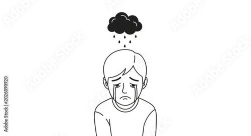 Obraz na plátně Sad Boy Crying Under a Rain Cloud Illustration.