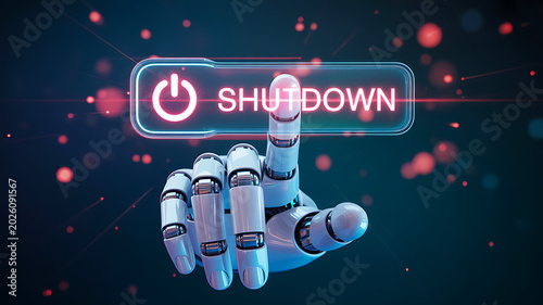 Robotic hand activating shutdown control on futuristic digital system interface