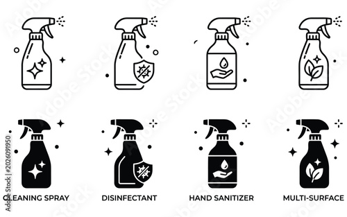 Cleaning supplies icons set, spray bottles for household and office use, vector illustrations