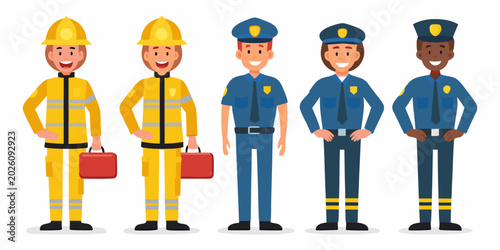 Photos diverse essential workers lineup firefighters and police officers illustration