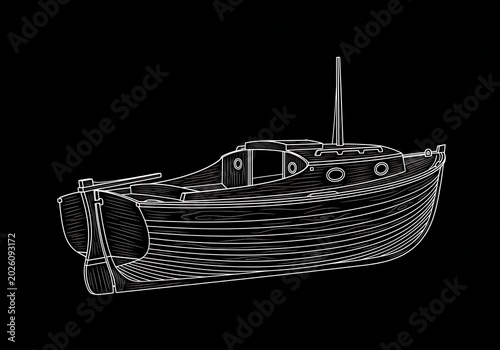 Detailed illustration of a boat on a black background vector design